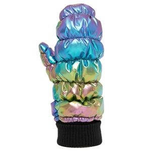 Women's Puffer Mittens Winter Glovess Fleece Lined Shiny Metallic Knit Cuff -💞